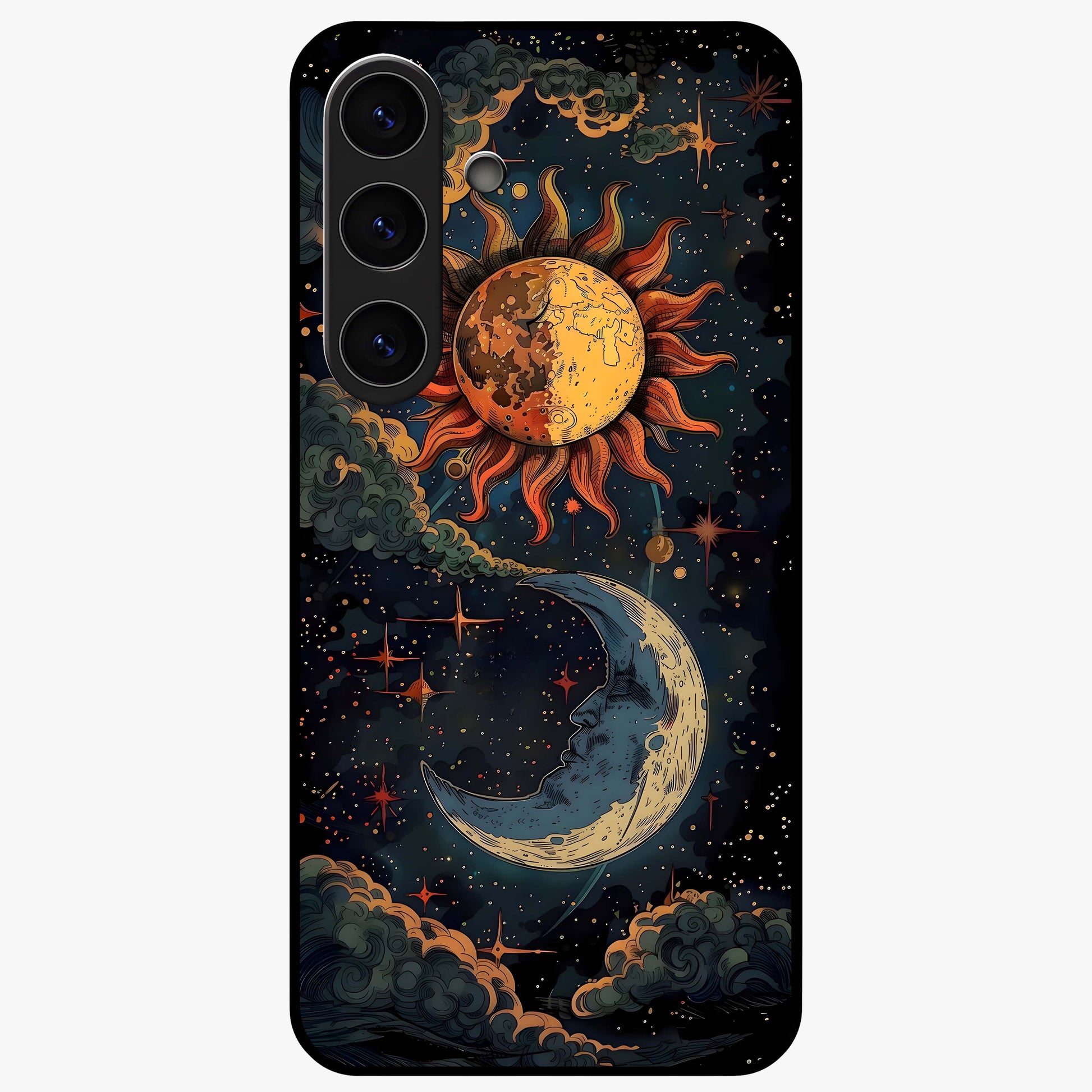 Sun And Moon Magic Design Glass Case showing flat back view with mystical sun and moon artwork and glossy glass finish.