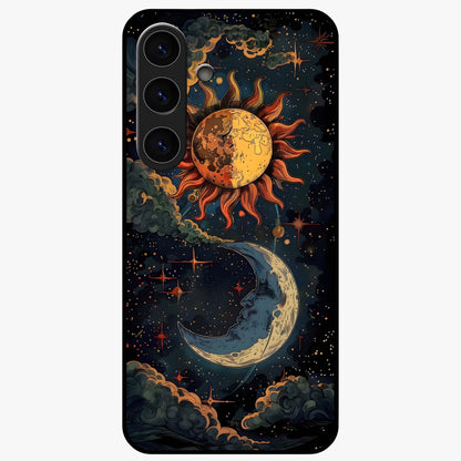 Sun And Moon Magic Design Glass Case showing flat back view with mystical sun and moon artwork and glossy glass finish.