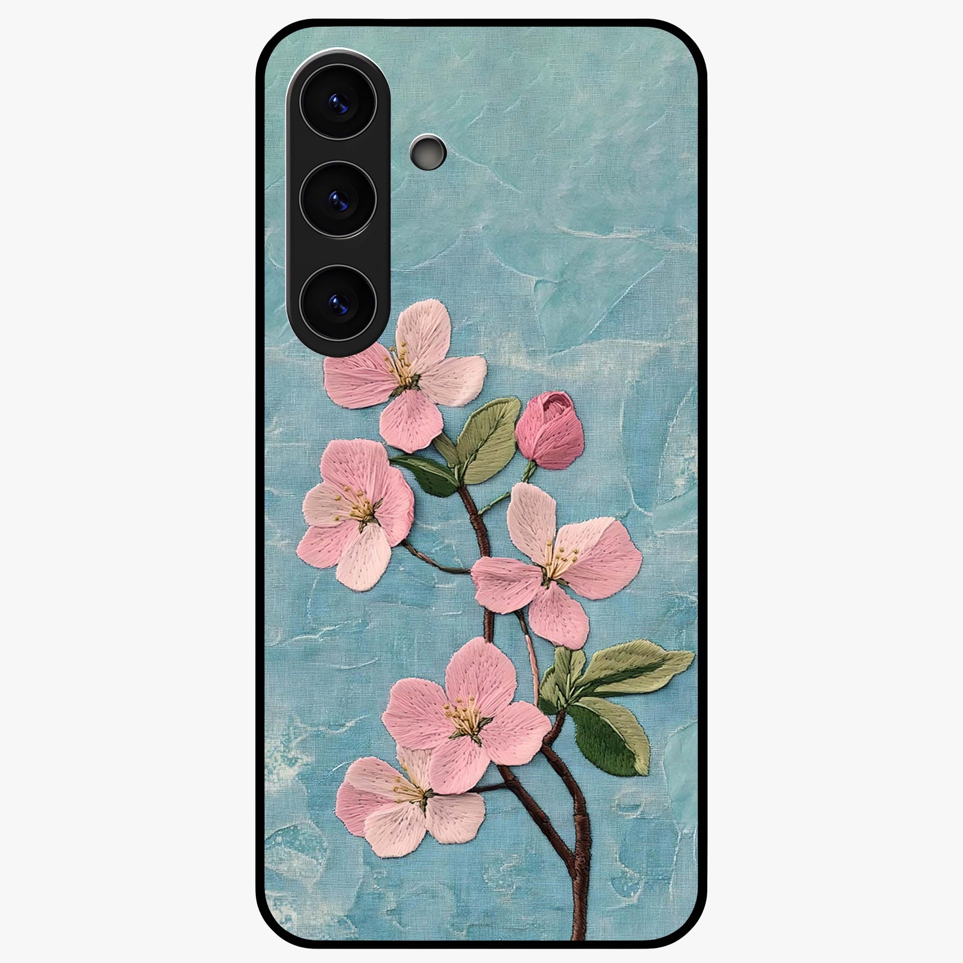 Threaded Blossom Breeze Glass Case showing flat back view with delicate blossom artwork and glossy glass finish.