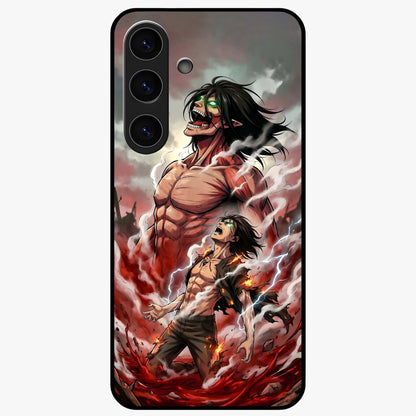 Titan Awakening Fury Glass Case showing flat back view with powerful titan inspired artwork and glossy glass finish.