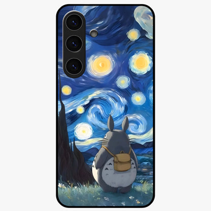 Totoro In Van Gogh Art Glass Case showing flat back view with whimsical character artwork inspired by Van Gogh style and glossy glass finish.
