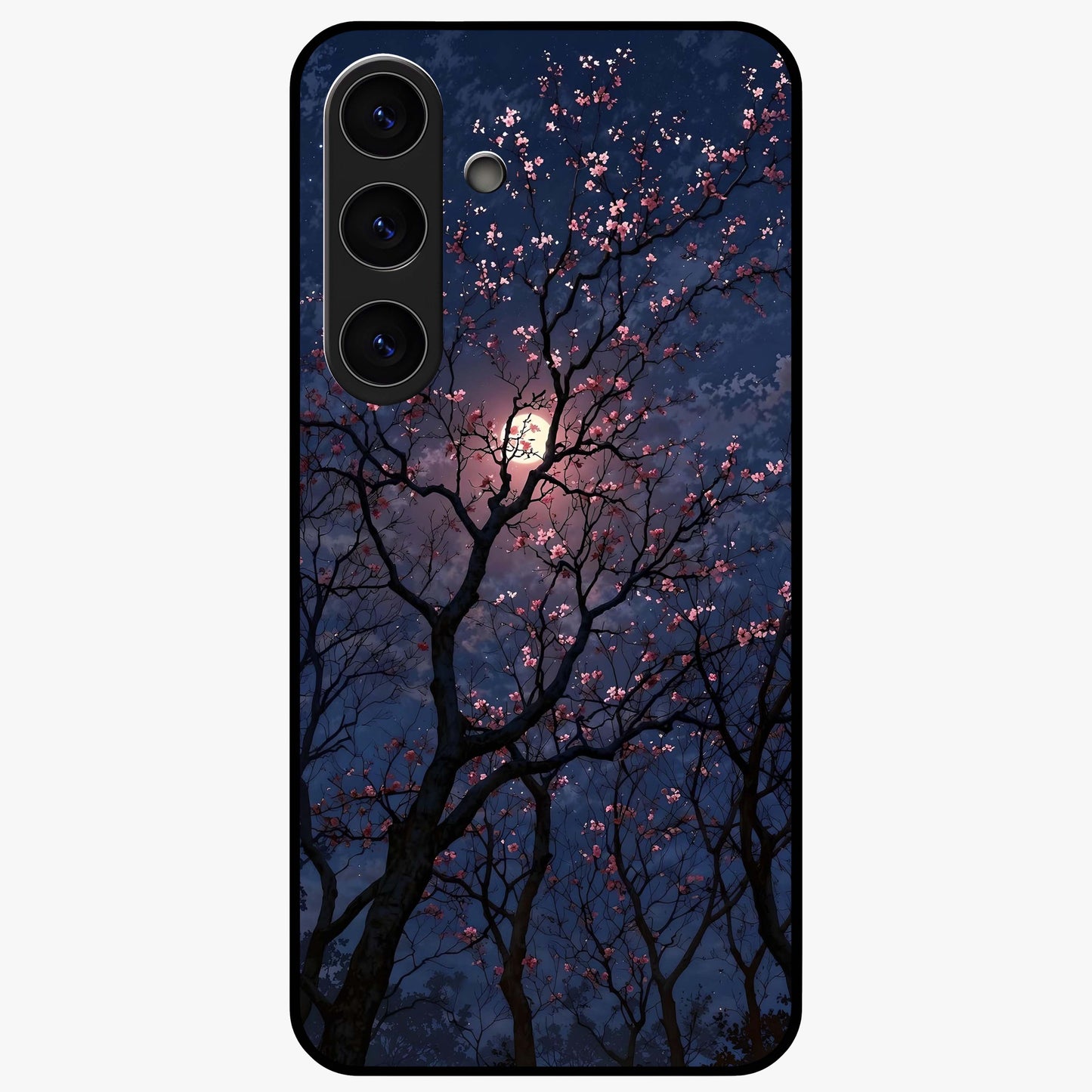 Twilight Sakura Serenade Glass Case showing flat back view with cherry blossom artwork at twilight and glossy glass finish.