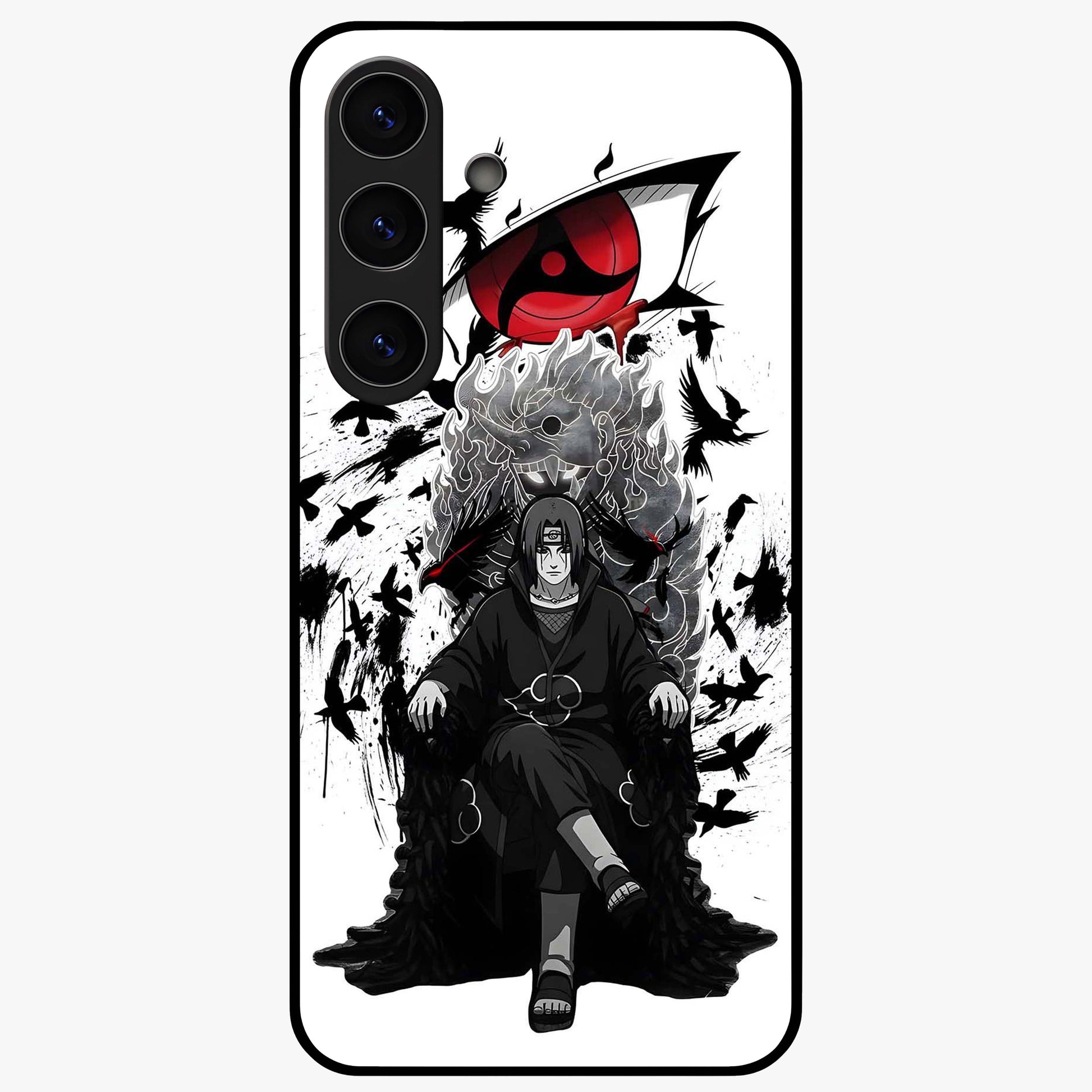 Uchiha Shadow Throne Glass Case showing flat back view with cosmic underwater themed artwork and glossy glass finish.