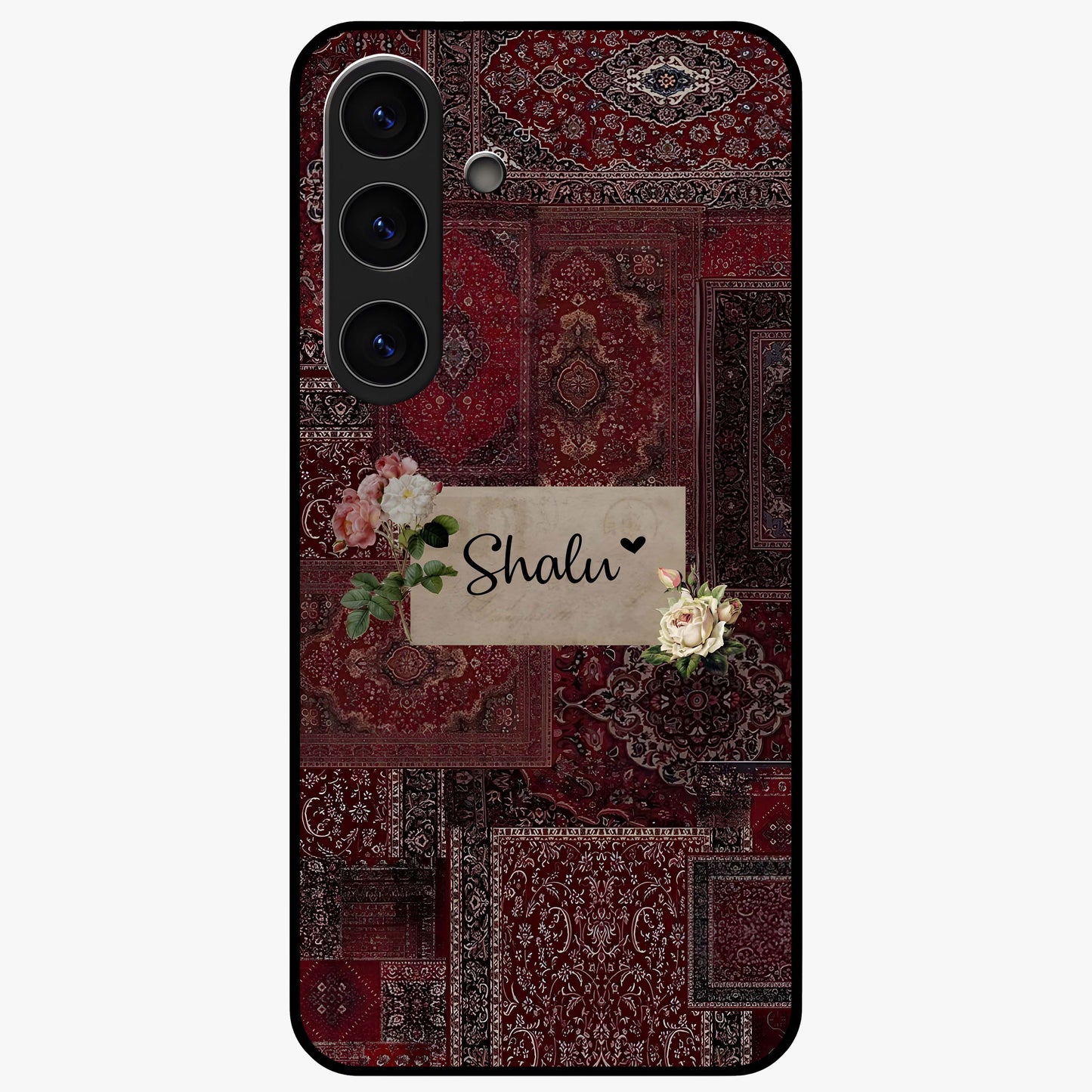 Velvet Wine Pattern Custom Name Glass Case showing flat back view with elegant wine colored pattern artwork and personalized name design.