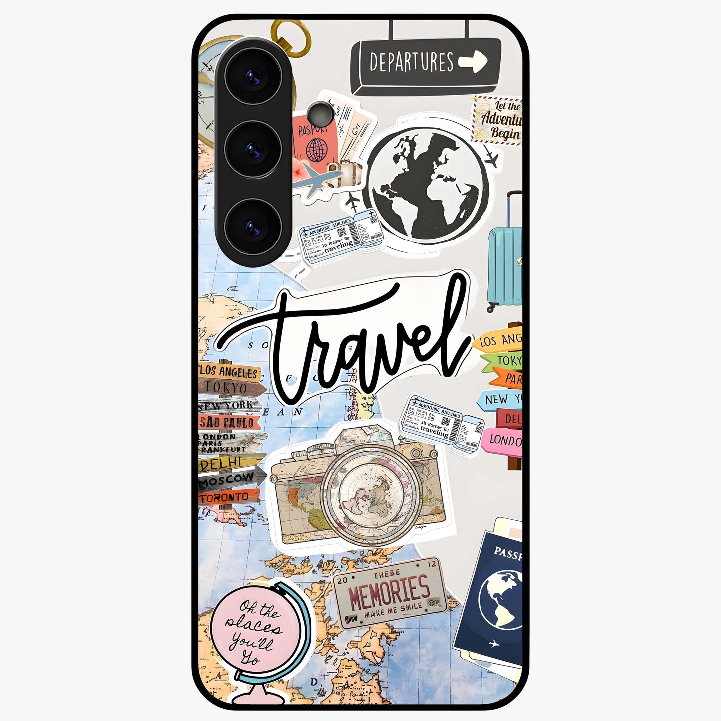 Wanderlust Journal Glass Case showing flat back view with travel inspired artwork and glossy glass finish.