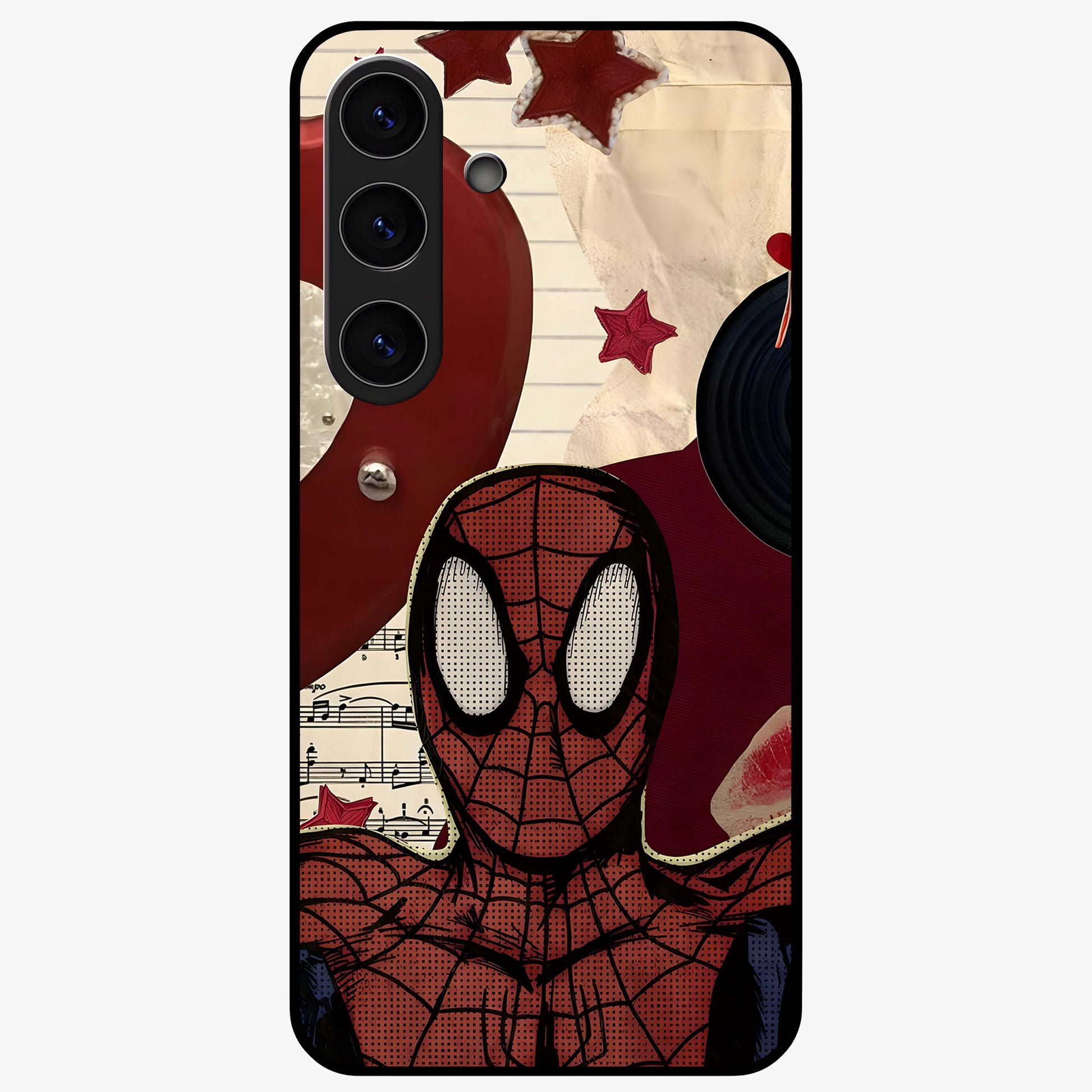 Web Warrior Vibes Glass Case showing flat back view with superhero inspired web themed artwork and glossy glass finish.
