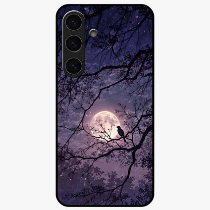 Whispering Moon Silence Glass Case showing flat back view with serene moon themed artwork and glossy glass finish.