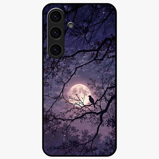 Whispering Moon Silence Glass Case showing flat back view with serene moon themed artwork and glossy glass finish.