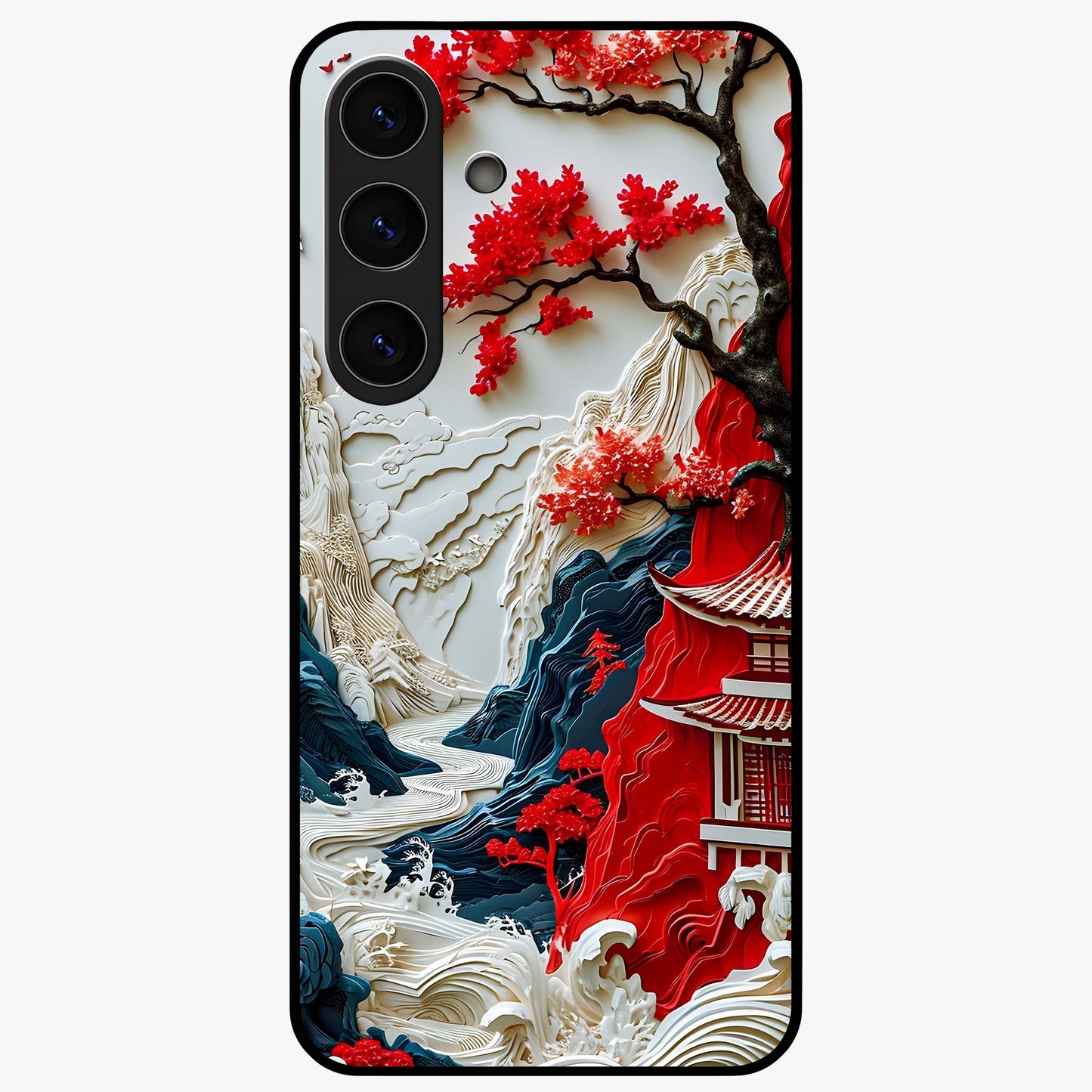 Whispers Of Sakura Waves Glass Case showing flat back view with cherry blossom wave artwork and glossy glass finish.