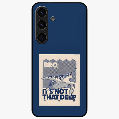 Worry Less Swim Glass Case showing flat back view with playful motivational artwork and glossy glass finish.