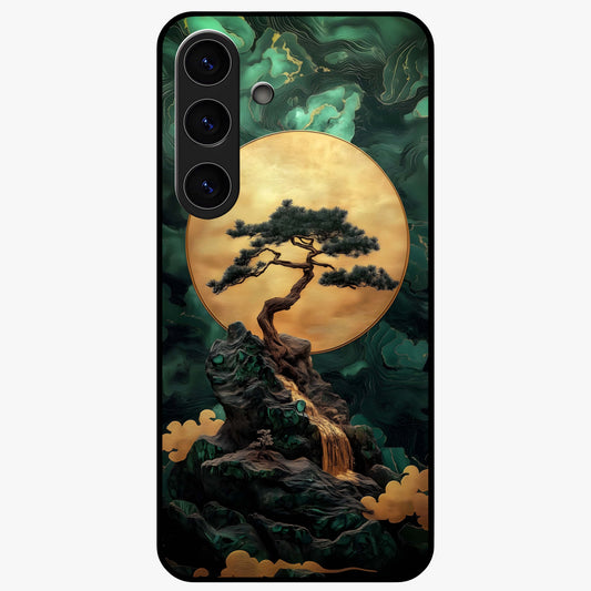 Zen Moon Rise Glass Case showing flat back view with calm moonrise artwork and glossy glass finish.