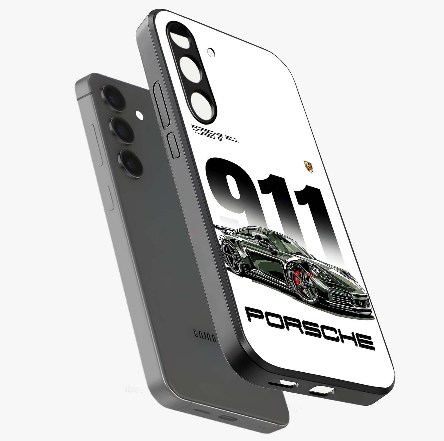 911 Turbo Dominance Glass Case displayed in premium angled mockup highlighting sporty car illustration and sleek glass surface.