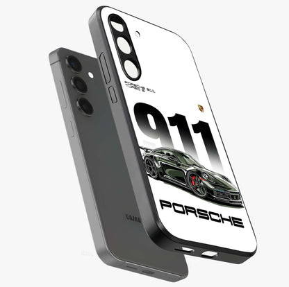 911 Turbo Dominance Glass Case displayed in premium angled mockup highlighting sporty car illustration and sleek glass surface.