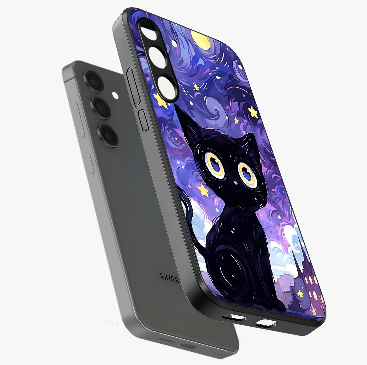 Abstract Cat Art Glass Case displayed in angled mockup highlighting modern abstract cat artwork and sleek glass surface.