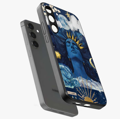 Aesthetic Lord Shiva Glass Case displayed in angled mockup highlighting spiritual Shiva illustration and sacred aesthetic design.
