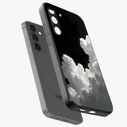 Black Background With White Cloud Glass Case displayed in angled mockup highlighting soft white cloud illustration and minimal design.