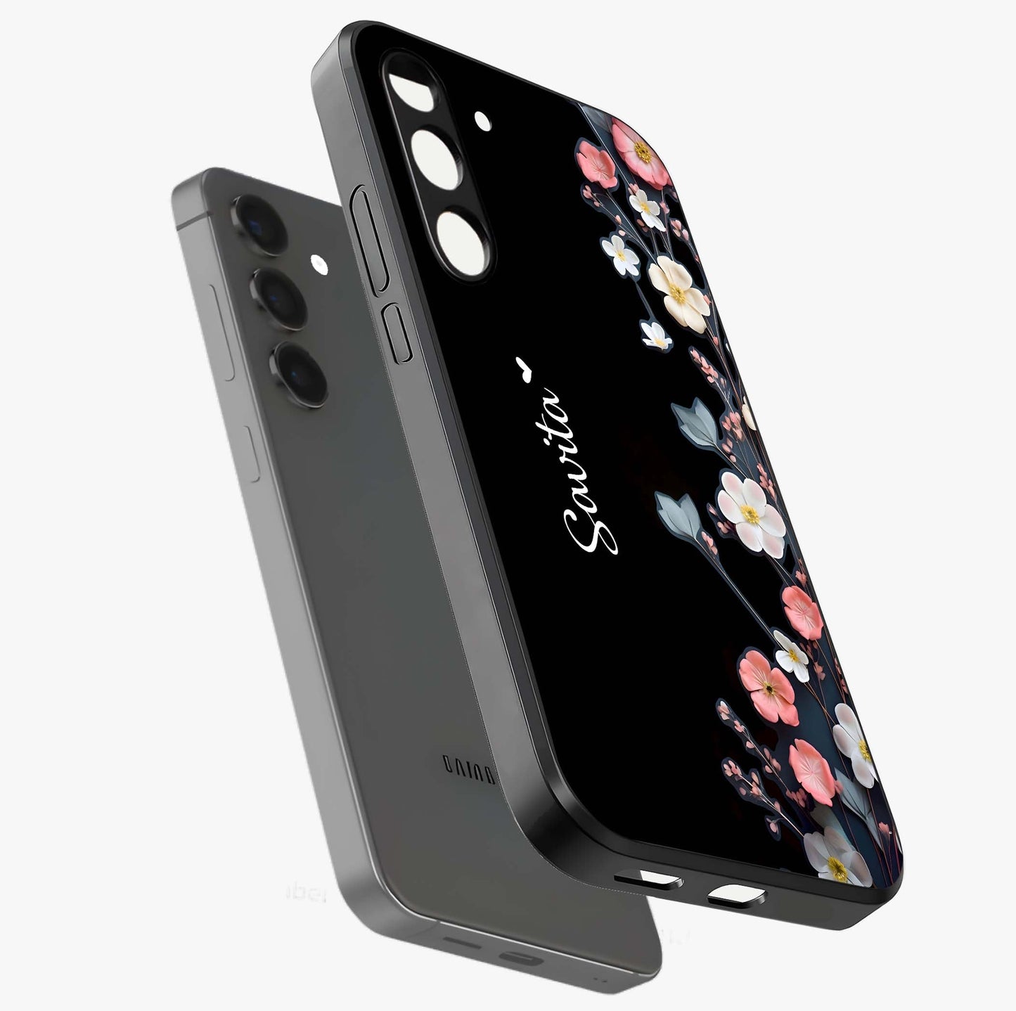 Black Elegance Floral Custom Name Glass Case displayed in angled mockup highlighting dark floral aesthetic and custom name feature.