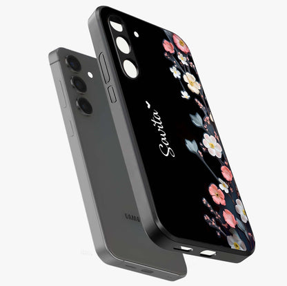 Black Elegance Floral Custom Name Glass Case displayed in angled mockup highlighting dark floral aesthetic and custom name feature.