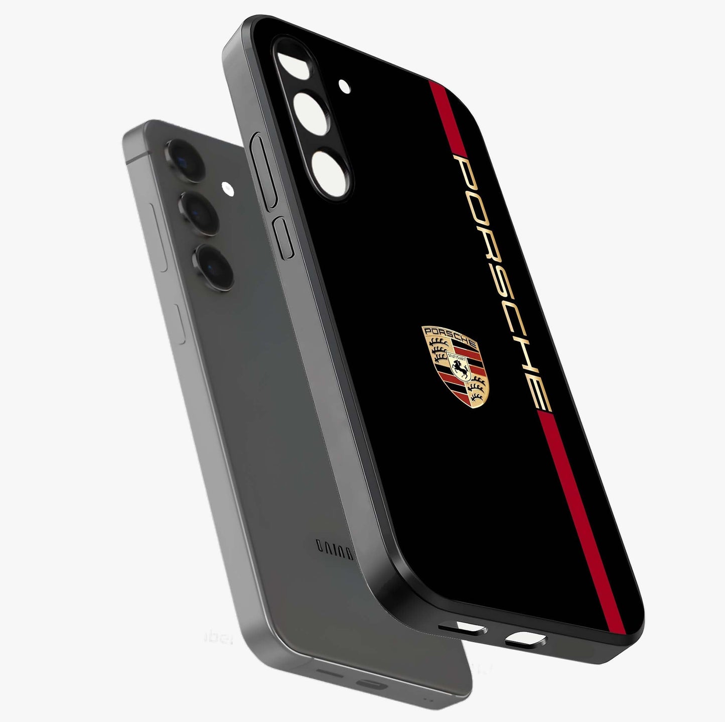 Black Minimal Porsche Glass Case displayed in angled mockup highlighting modern minimal car illustration and clean aesthetic design.