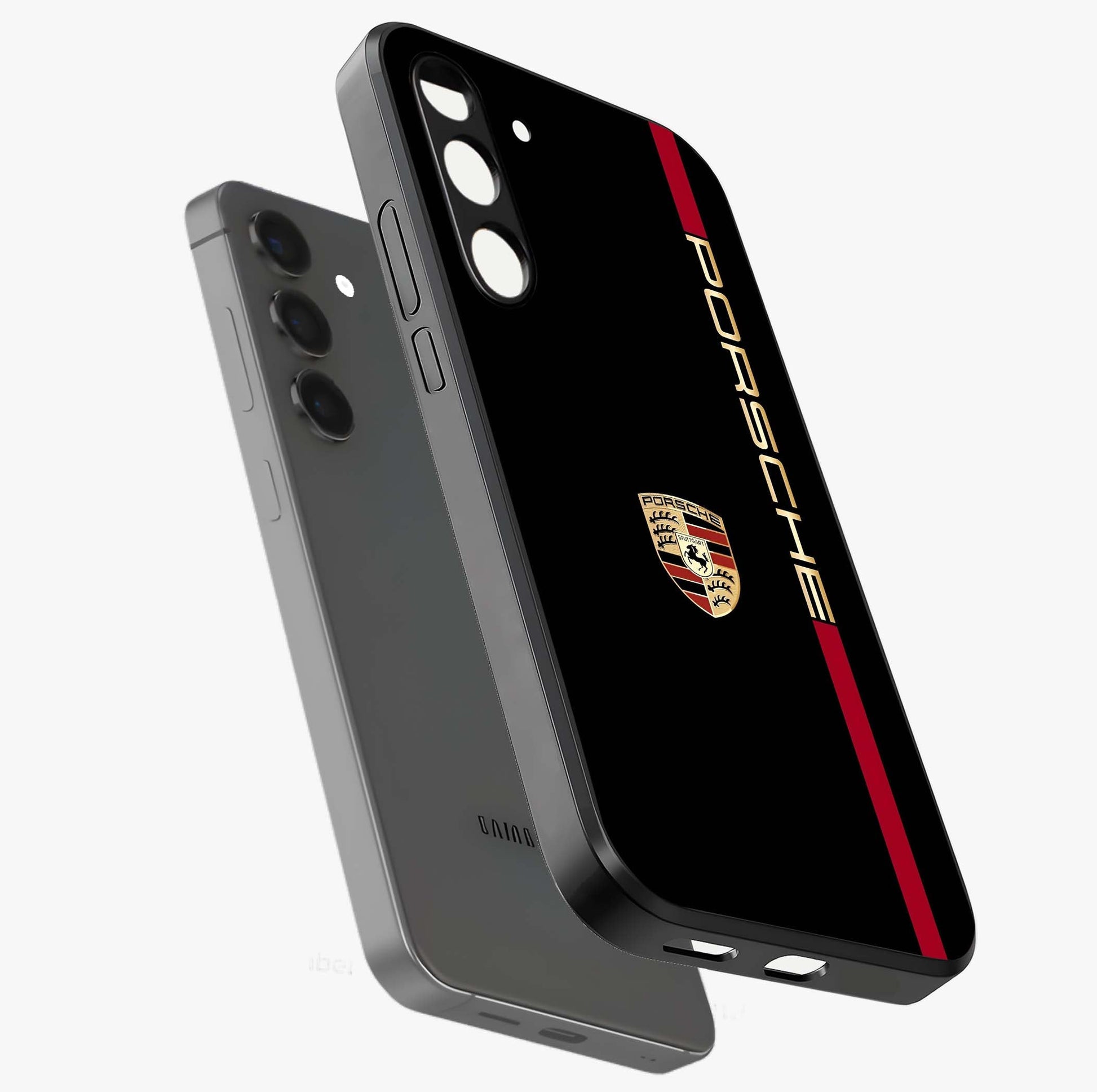 Black Minimal Porsche Glass Case displayed in angled mockup highlighting modern minimal car illustration and clean aesthetic design.