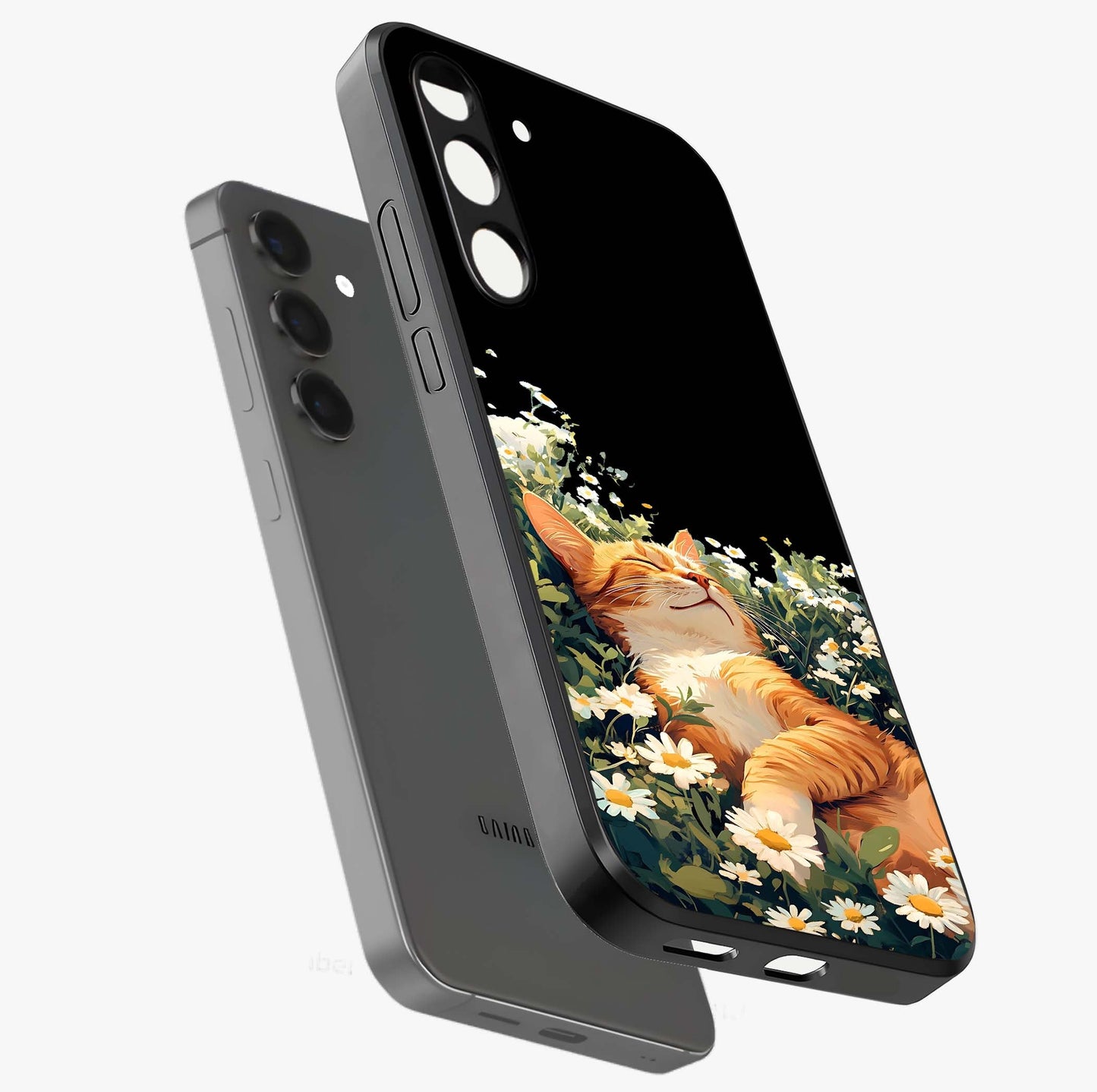 Blissful Bloom Cat Glass Case displayed in angled mockup highlighting playful feline illustration with soft floral aesthetic.