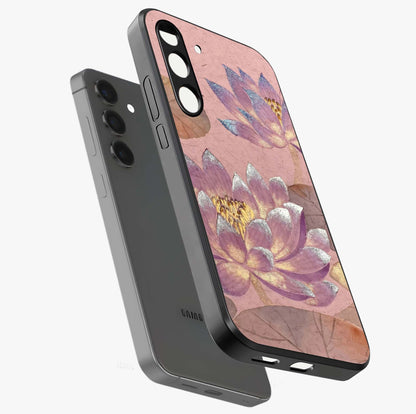 Blossom Mist Lotus Glass Case displayed in angled mockup highlighting delicate lotus illustration with calm aesthetic theme.