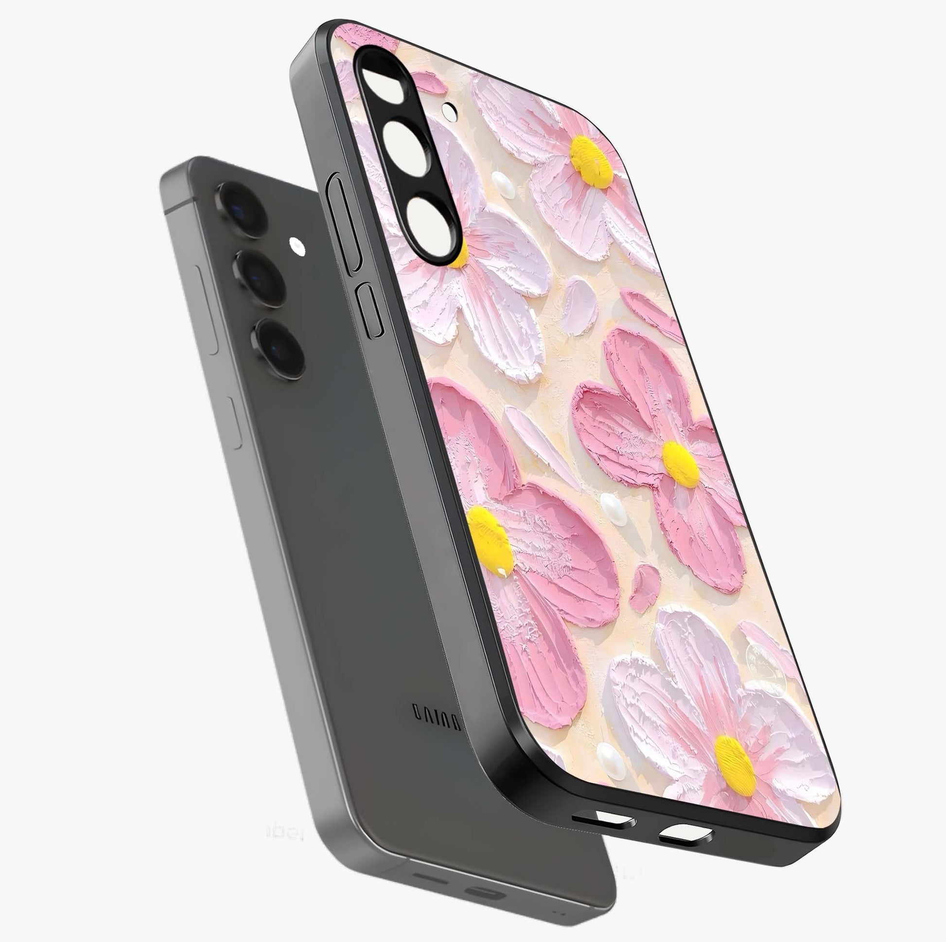 Blush Bloom Texture Glass Case displayed in angled mockup highlighting subtle bloom pattern with aesthetic pastel design.