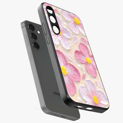 Blush Bloom Texture Glass Case displayed in angled mockup highlighting subtle bloom pattern with aesthetic pastel design.