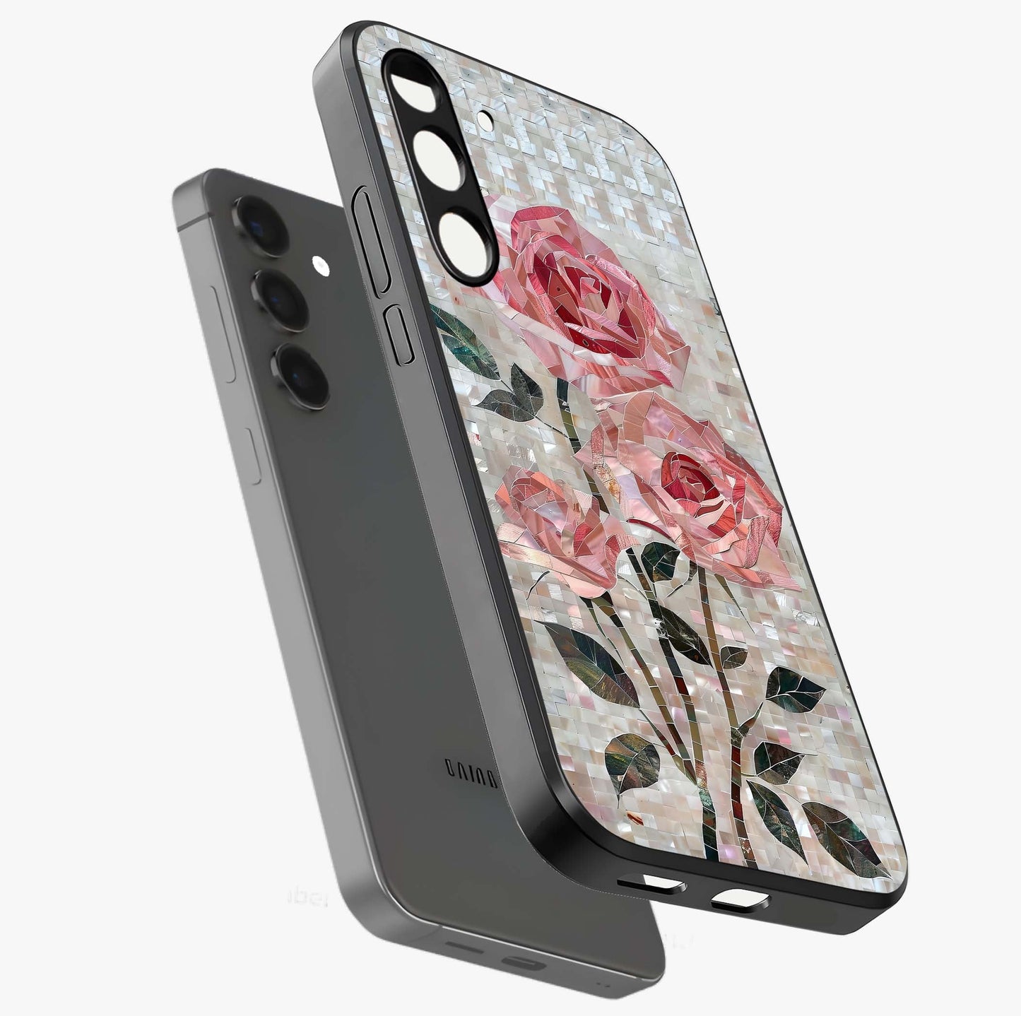 Blush Mosaic Bloom Glass Case displayed in angled mockup highlighting artistic mosaic flower pattern with aesthetic design.