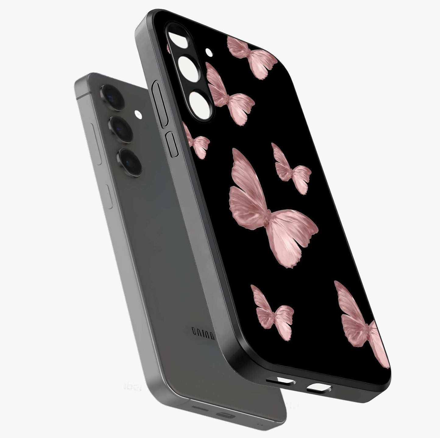 Butterfly Pattern Glass Case displayed in angled mockup highlighting delicate butterfly design and aesthetic pattern style.