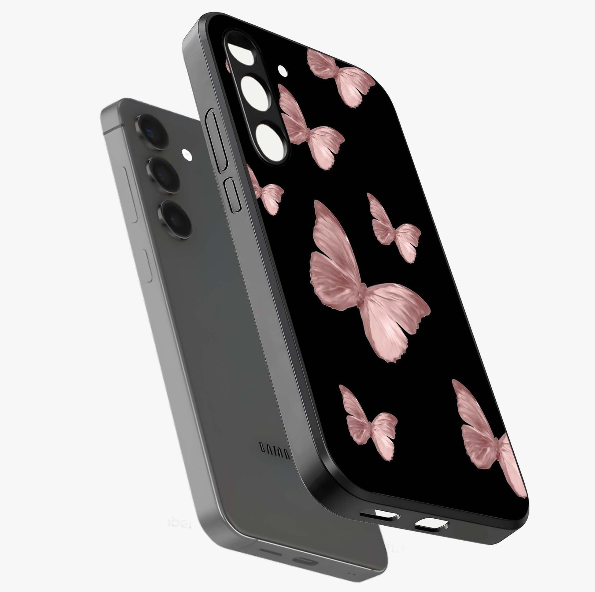 Butterfly Pattern Glass Case displayed in angled mockup highlighting delicate butterfly design and aesthetic pattern style.