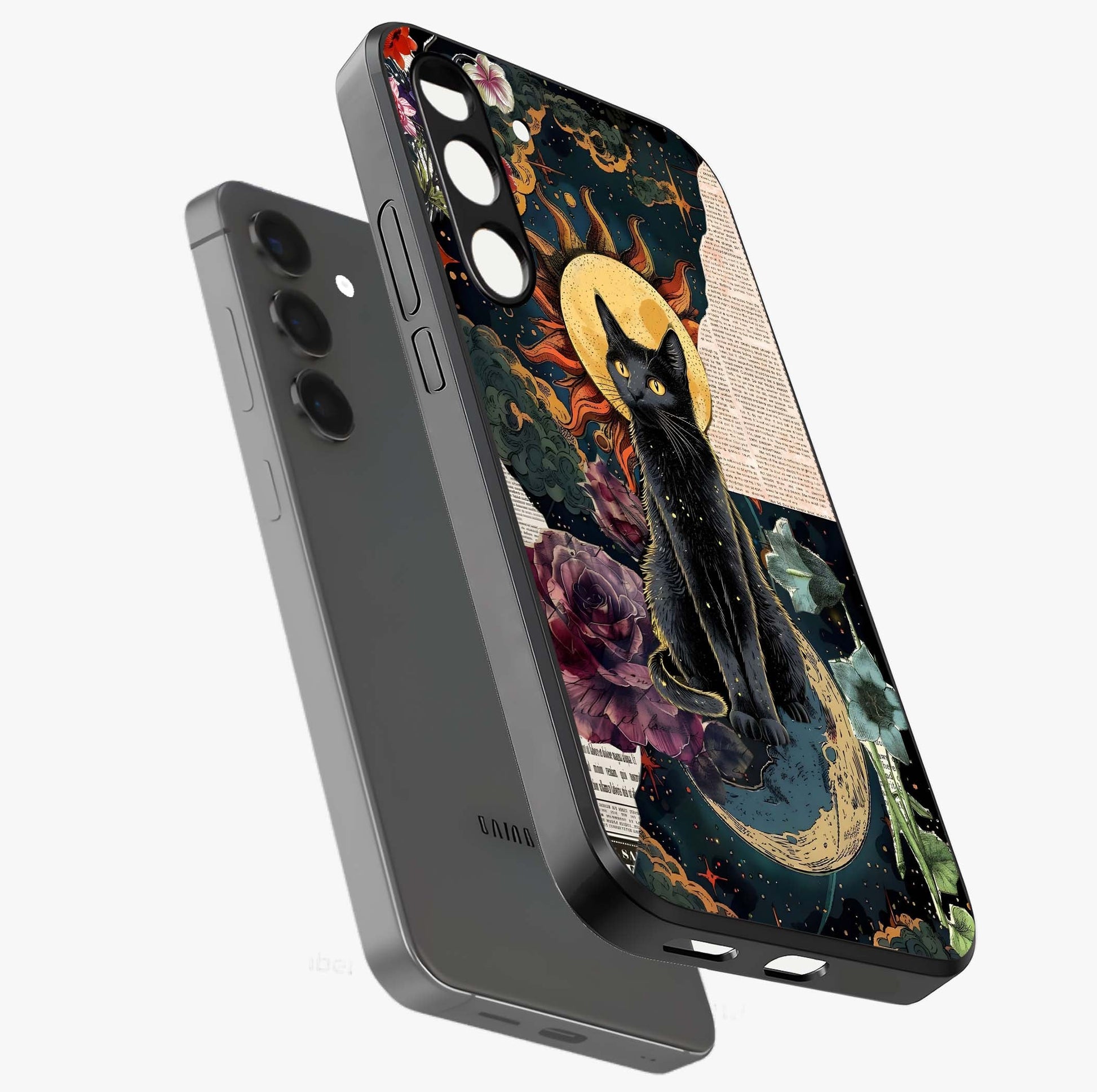 Celestial Black Cat Glass Case displayed in angled mockup highlighting cosmic black cat design with celestial aesthetic.
