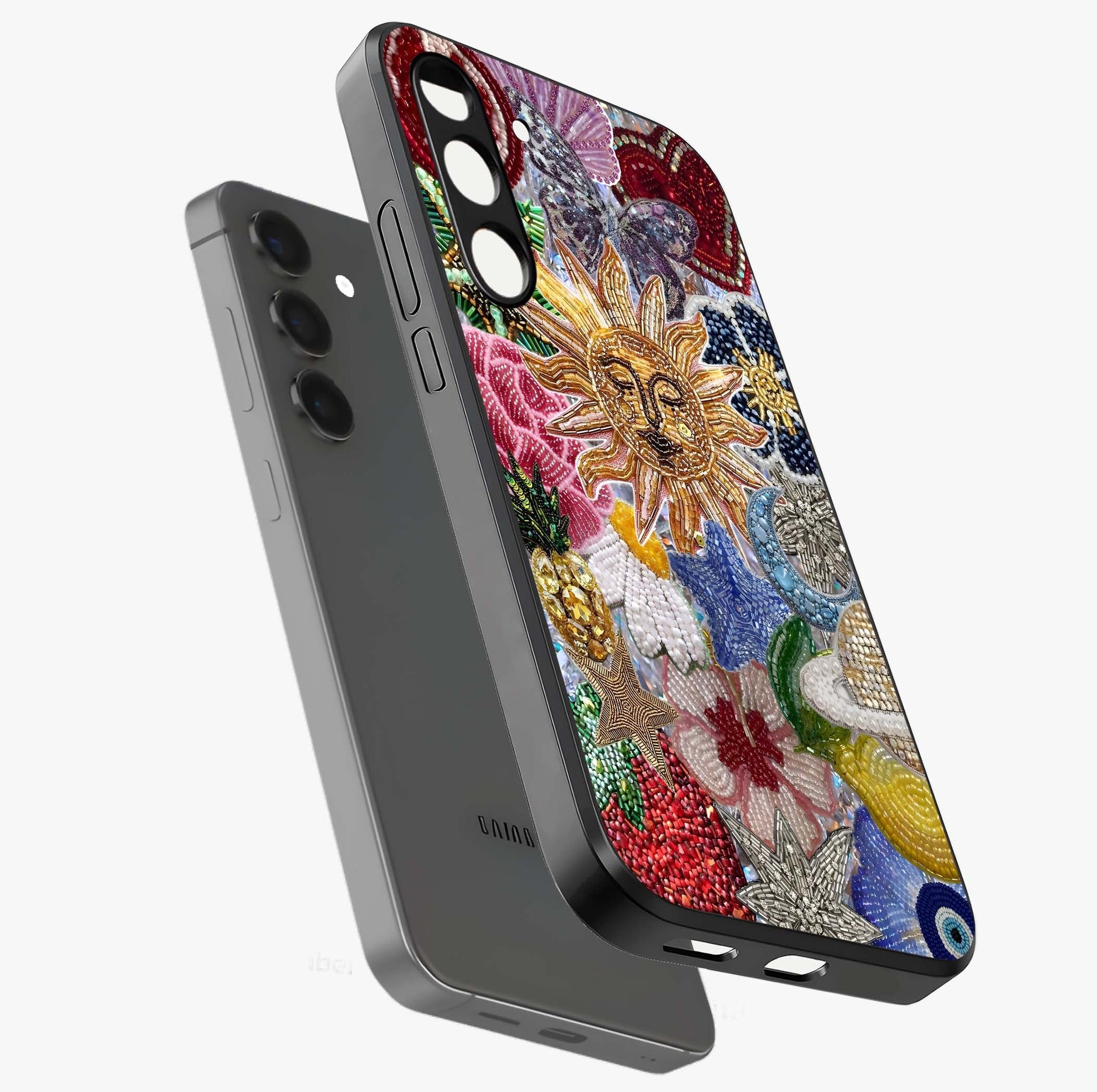 Celestial Floral and Playful Glass Case displayed in angled mockup highlighting playful floral design with dreamy celestial elements.