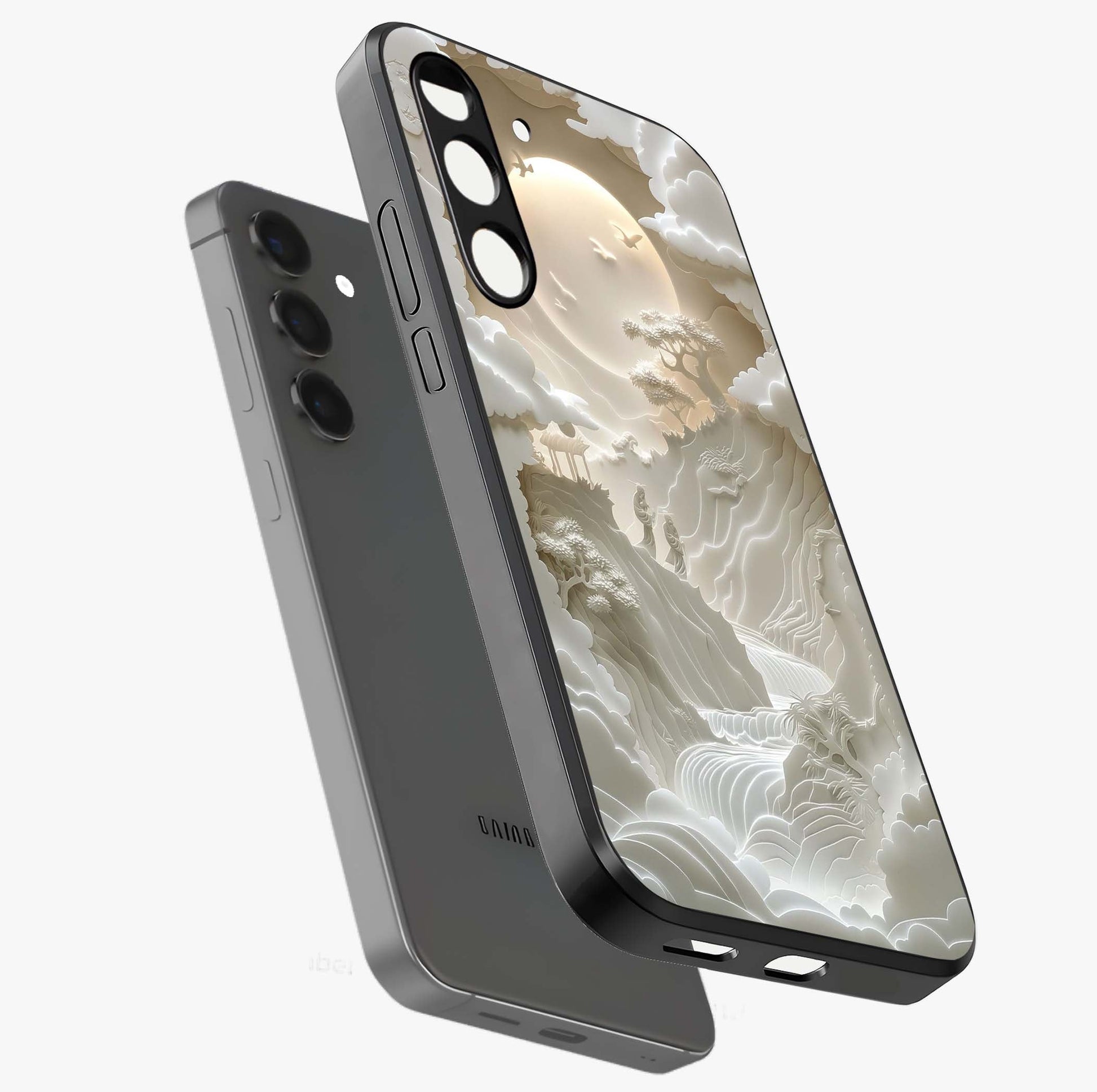 Celestial Origami Glass Case displayed in angled mockup highlighting geometric origami design with cosmic aesthetic theme.