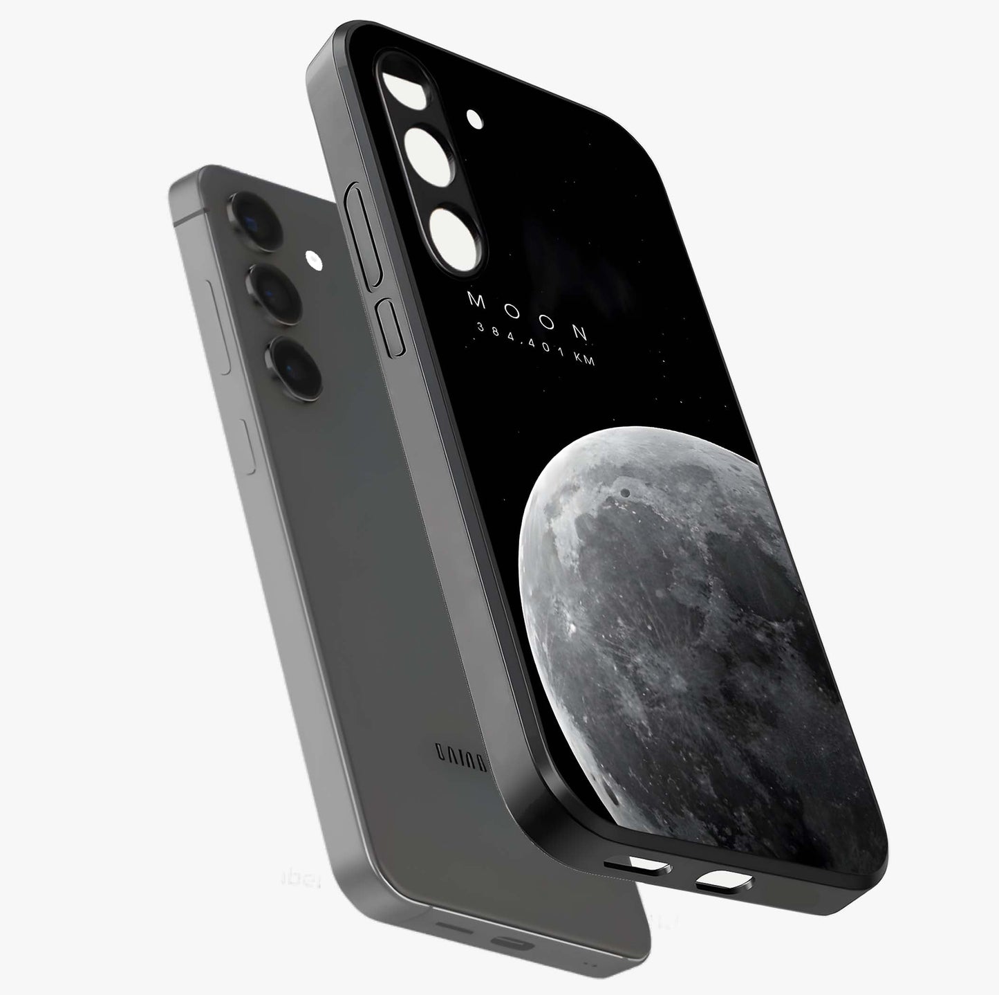 Cosmic Moon Glow Glass Case displayed in angled mockup highlighting celestial moon design with cosmic aesthetic theme.