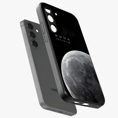 Cosmic Moon Glow Glass Case displayed in angled mockup highlighting celestial moon design with cosmic aesthetic theme.