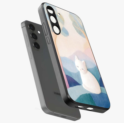 Cotton Dream Cat Glass Case displayed in angled mockup highlighting cute feline illustration with pastel aesthetic style.