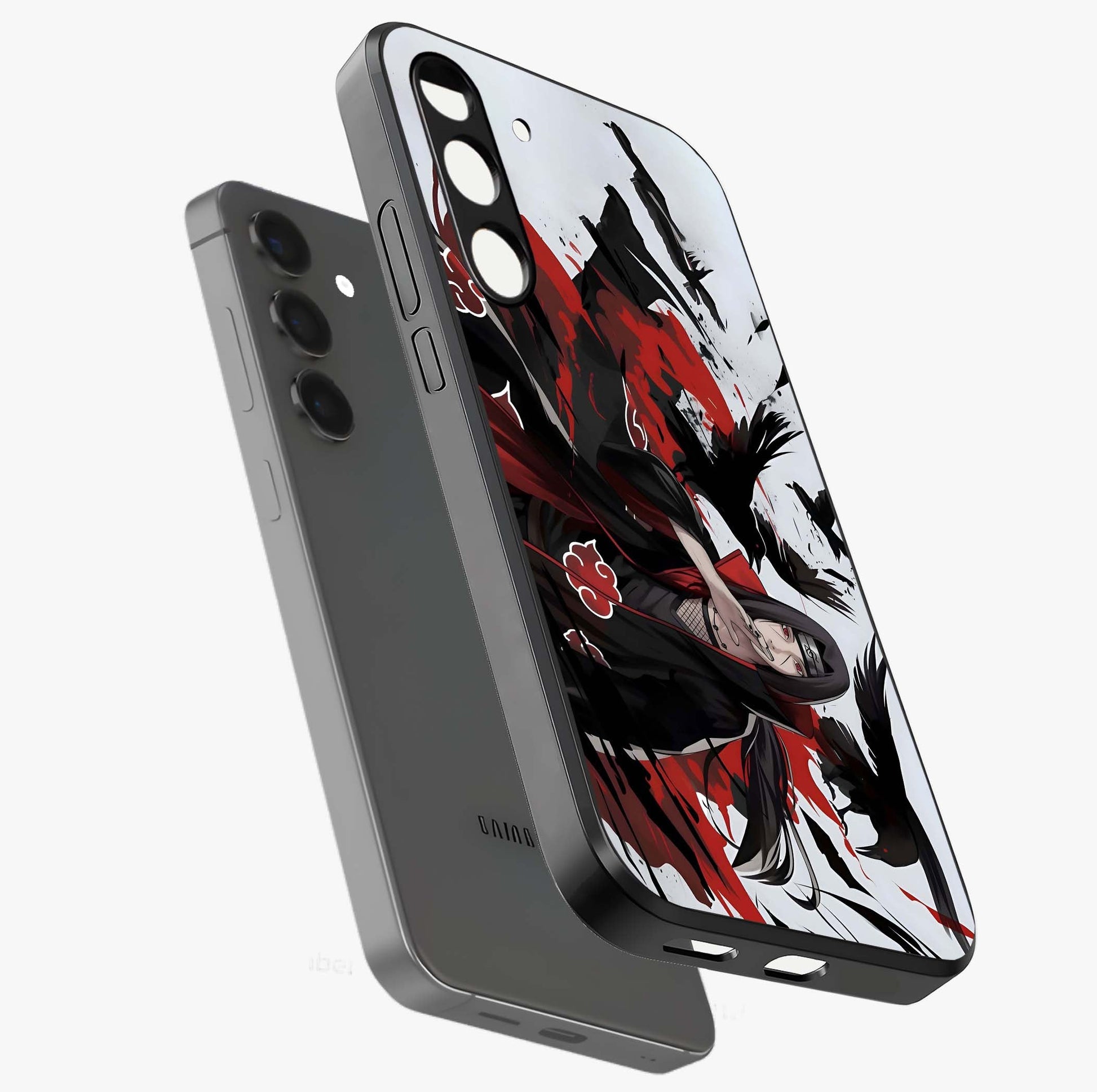 Crimson Crow Illusion Glass Case displayed in angled mockup highlighting mysterious crow graphic with dark aesthetic style.