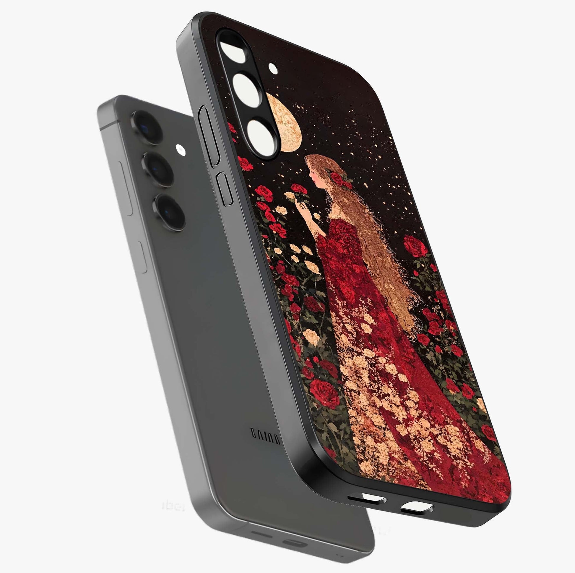 Crimson Dreams Glass Case displayed in angled mockup highlighting soft crimson aesthetic design with artistic theme.