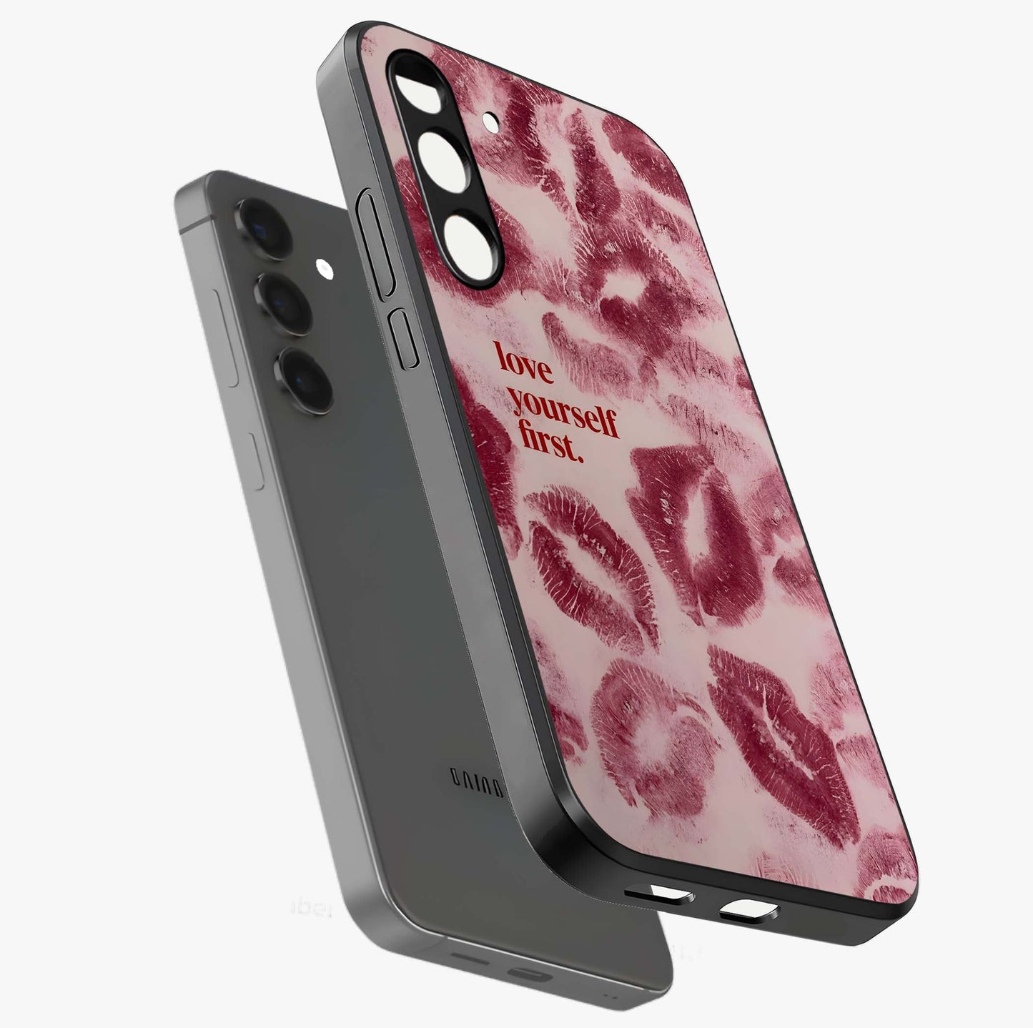 Crimson Kiss Love Glass Case displayed in angled mockup highlighting bold love inspired design with modern aesthetic style.