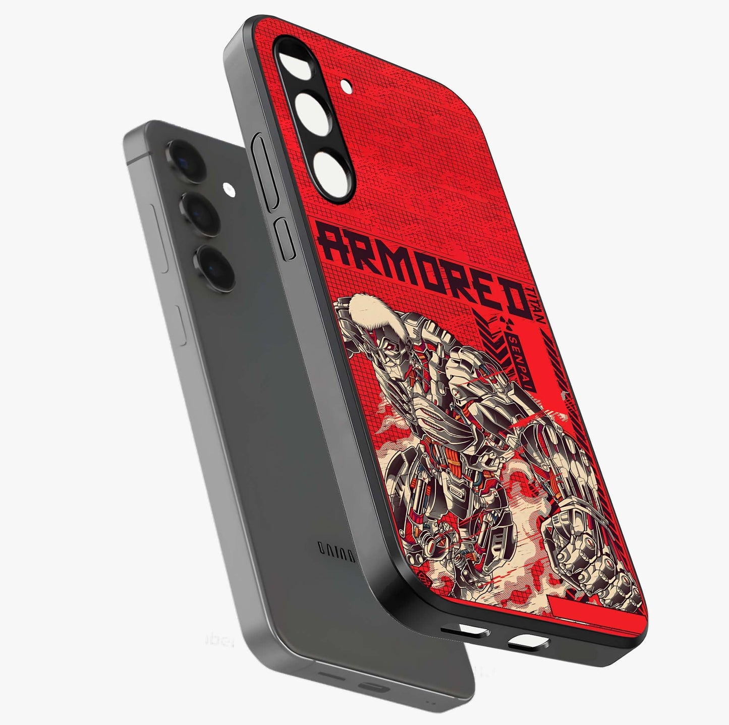 Crimson Mecha Titan Glass Case displayed in angled mockup highlighting futuristic mech illustration with bold crimson aesthetic.