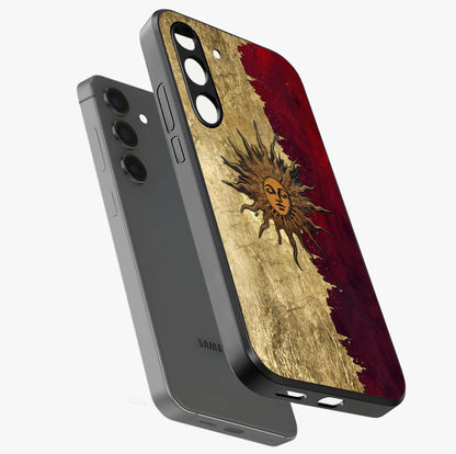 Crimson Sun Majesty Glass Case displayed in angled mockup highlighting majestic crimson sun design with bold aesthetic style.