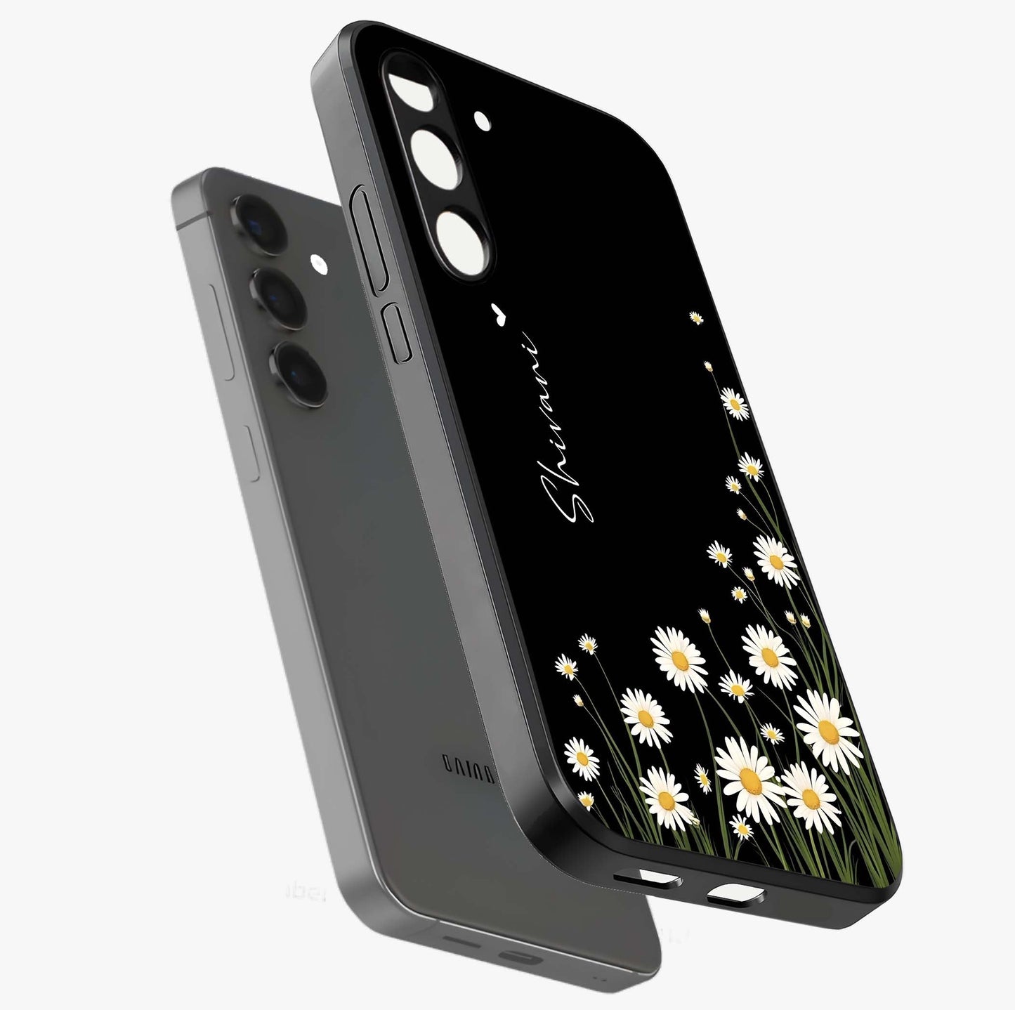 Daisy Cascade Custom Name Glass Case displayed in angled mockup highlighting delicate daisy artwork with custom name feature.