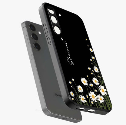 Daisy Cascade Custom Name Glass Case displayed in angled mockup highlighting delicate daisy artwork with custom name feature.