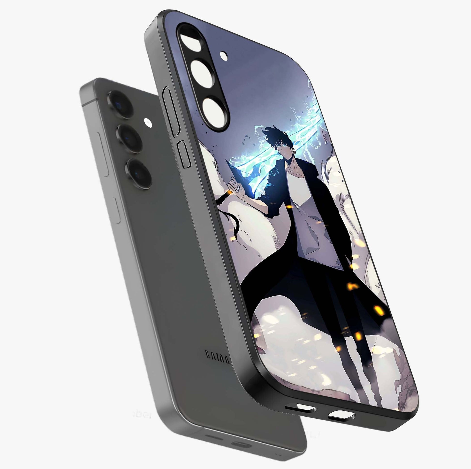 Dark Lightning Anime Warrior Glass Case displayed in angled mockup highlighting powerful lightning themed anime illustration.