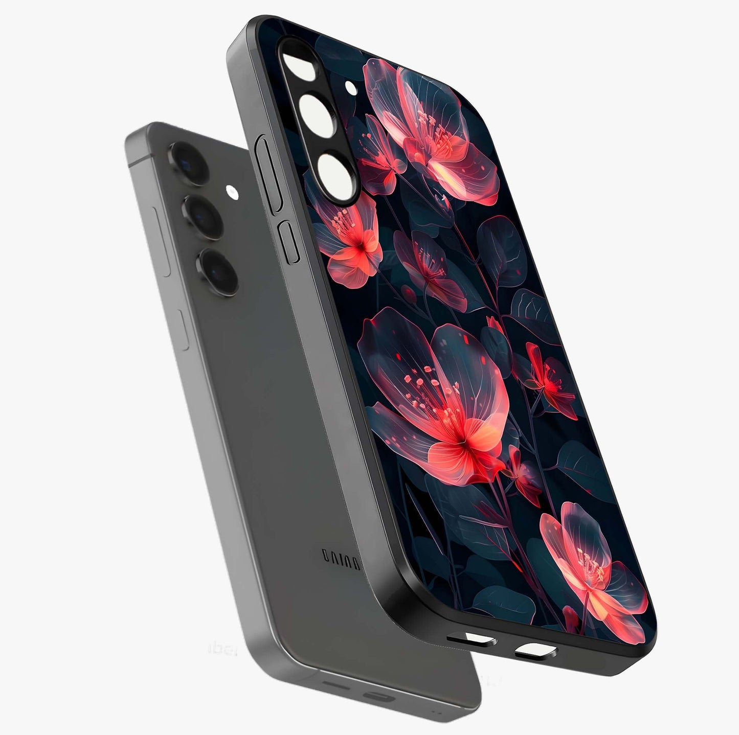 Dark Shade of Flower Glass Case displayed in angled mockup highlighting moody floral illustration with aesthetic dark tones.