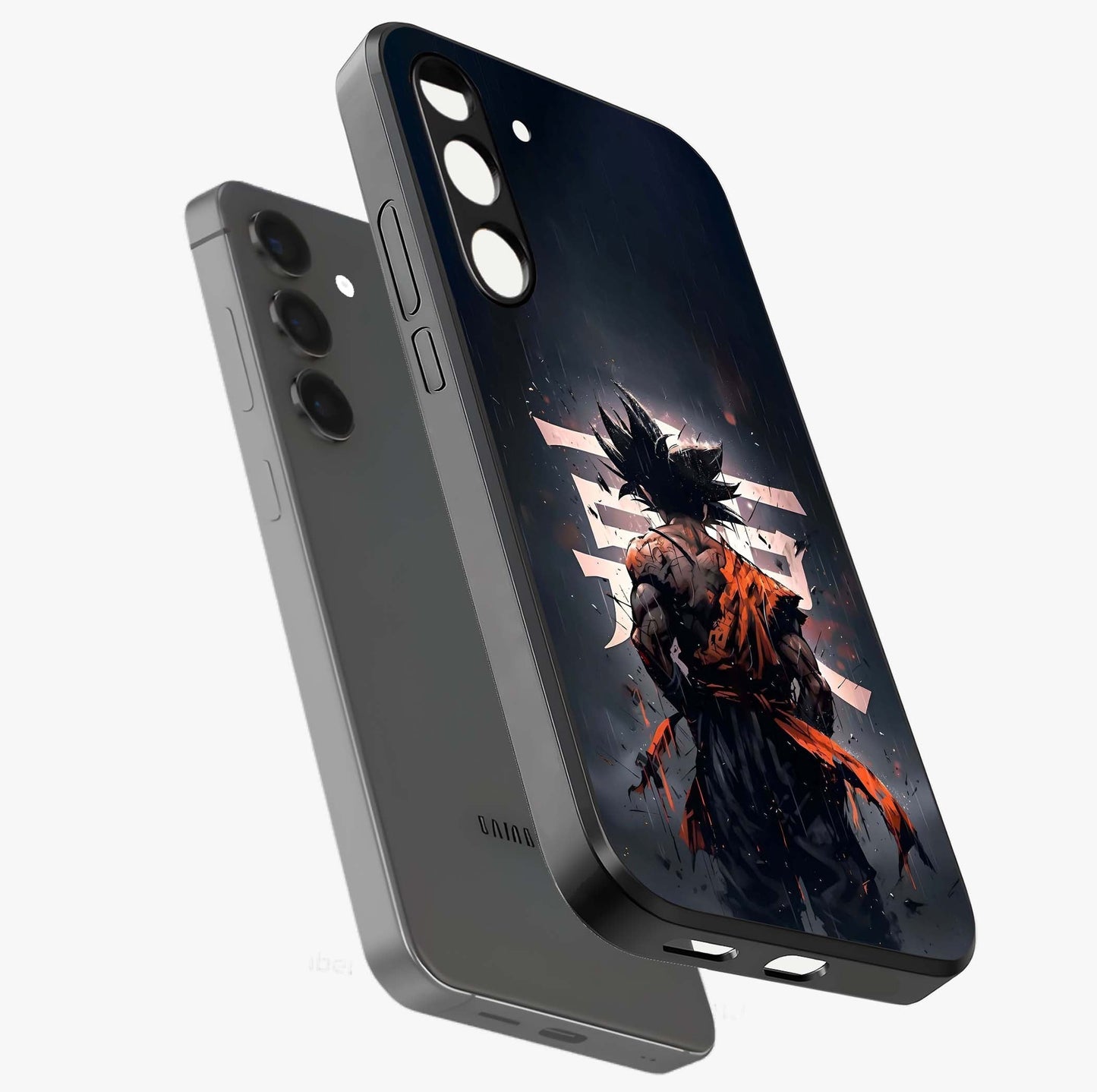 Dark Warrior In Rain Glass Case displayed in angled mockup highlighting dramatic warrior illustration with dark rain aesthetic.