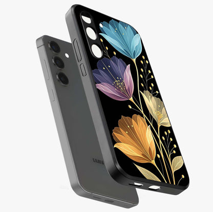 Delicate Multicolor Flowers Glass Case displayed in angled mockup highlighting colorful flower pattern with soft aesthetic style.