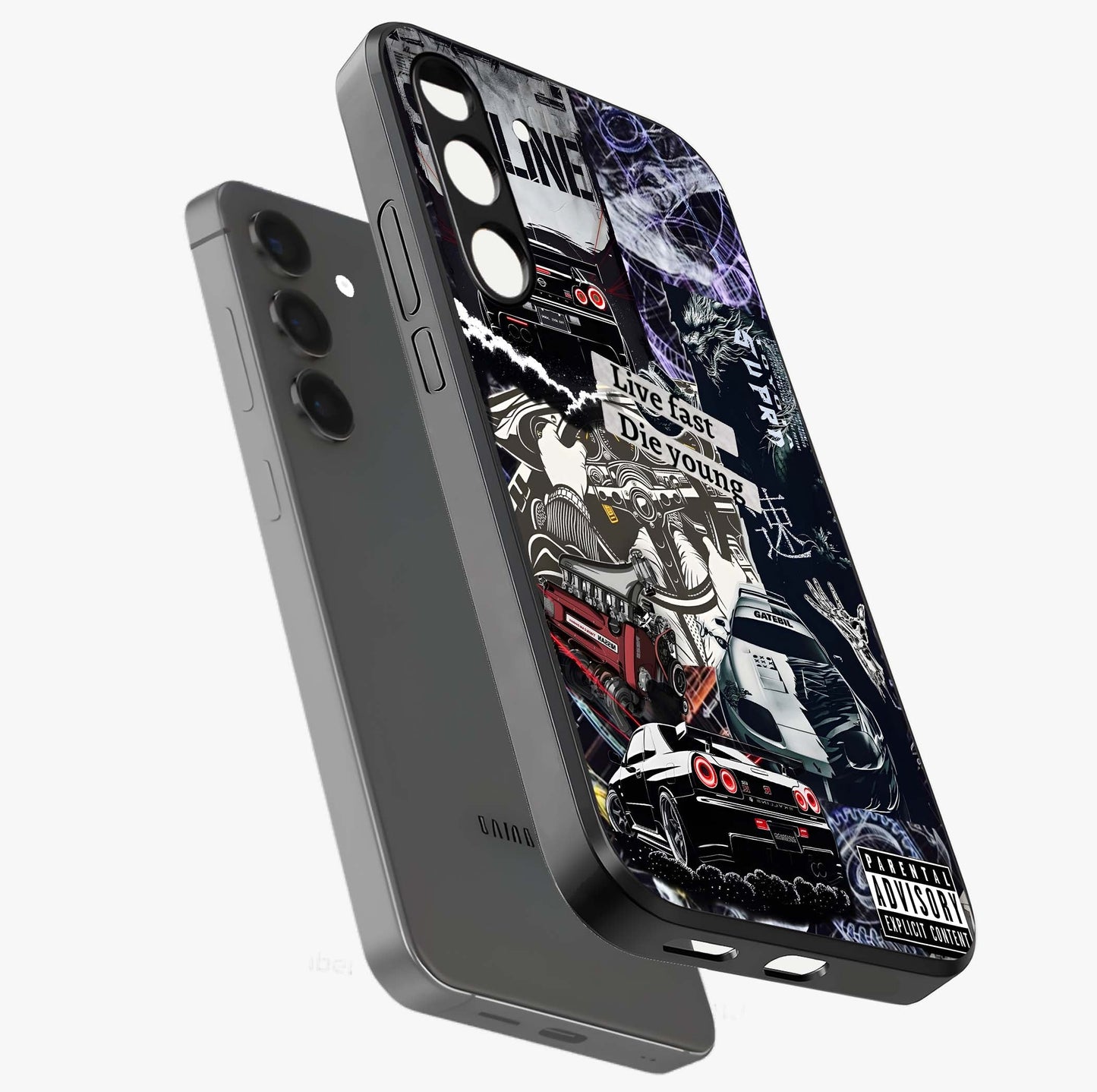 Die Young Glass Case displayed in angled mockup highlighting expressive graphic artwork with edgy aesthetic style.