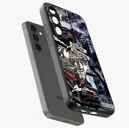 Die Young Glass Case displayed in angled mockup highlighting expressive graphic artwork with edgy aesthetic style.